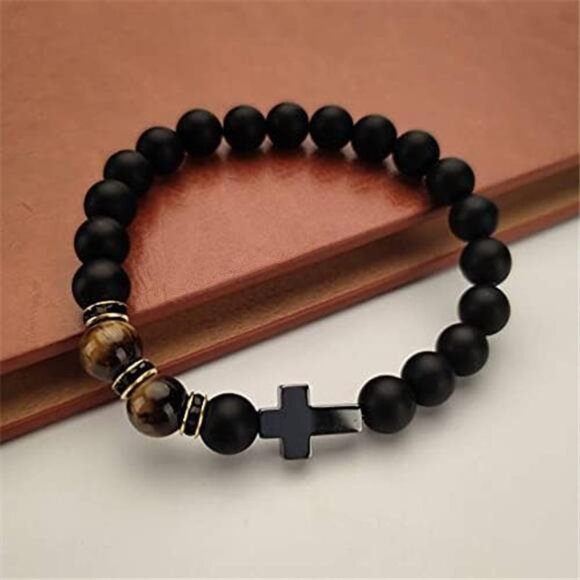 Mens Cross Bracelet Tiger Eye Beaded Catholic Rosary Adjustable Crystal Stone - Picture 2 of 8
